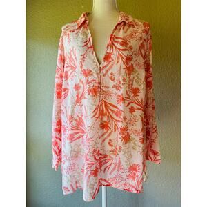 Eddie Bauer Women 3X Floral Cotton Tunic Blouse Pink Coral Botanical Popover Top